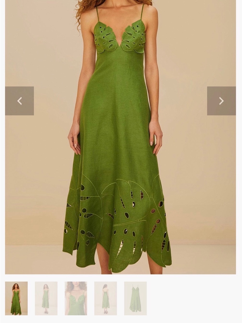FARM Rio Olive Green Leaf-Cutout Midi Dress